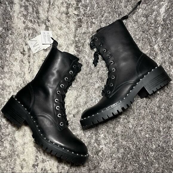 NWT Zara Studded Leather Lace Up Boots - Picture 1 of 13